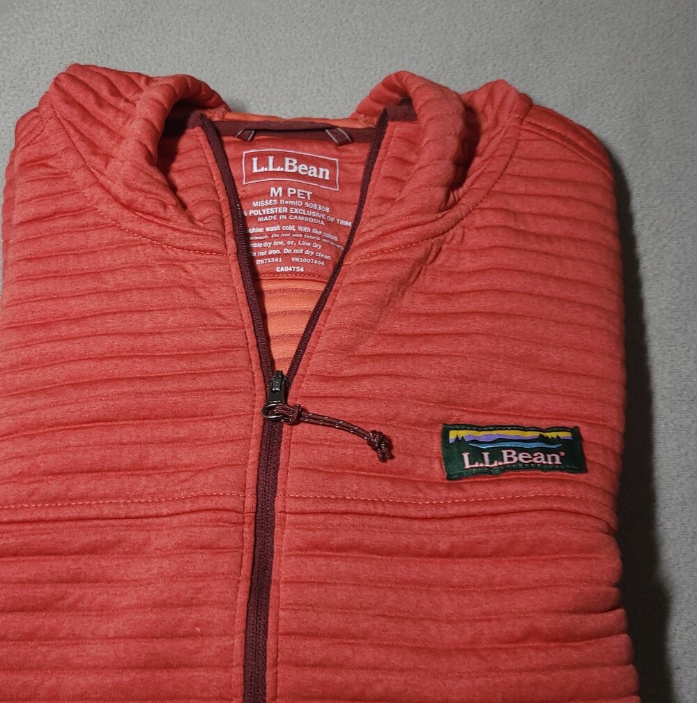 LL Bean Airlight Knit Full Zip Hoodie Women M Petite Coral Orange Ribbed Fleece